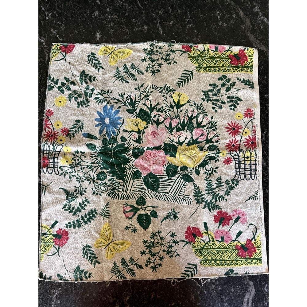 VTG 1952 Riverdale Barkcloth Fabric Panel 23" Sq Summer Symphony Butterfly Rose